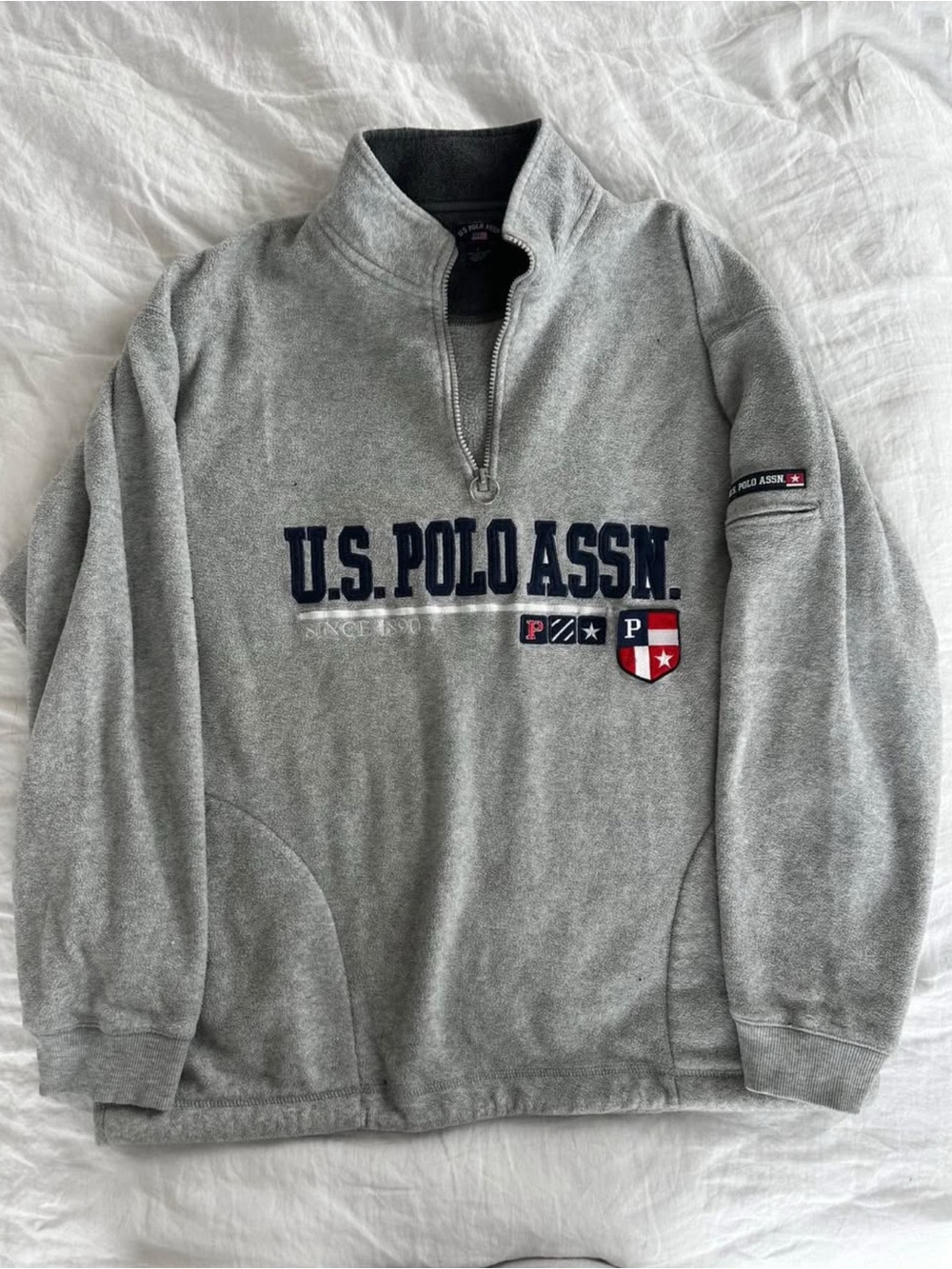 U.S. Polo Assn. Grey Fleece Quarter-Zip with Navy Logo and Red Shield